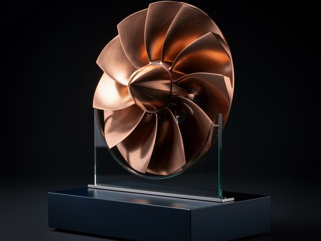 Bench plate: copper turbine study emerging from darkness