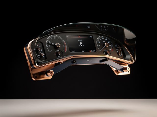 Bench plate: instrument cluster study in copper and dark glass