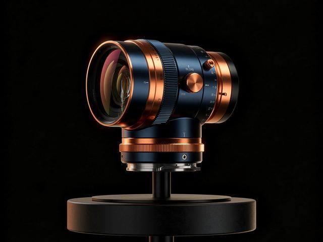 Bench plate: optics study, cine lens in copper and steel
