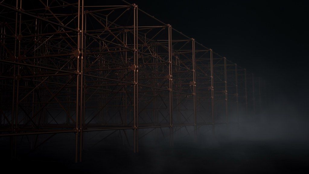 Dark copper lattice framework receding into fog