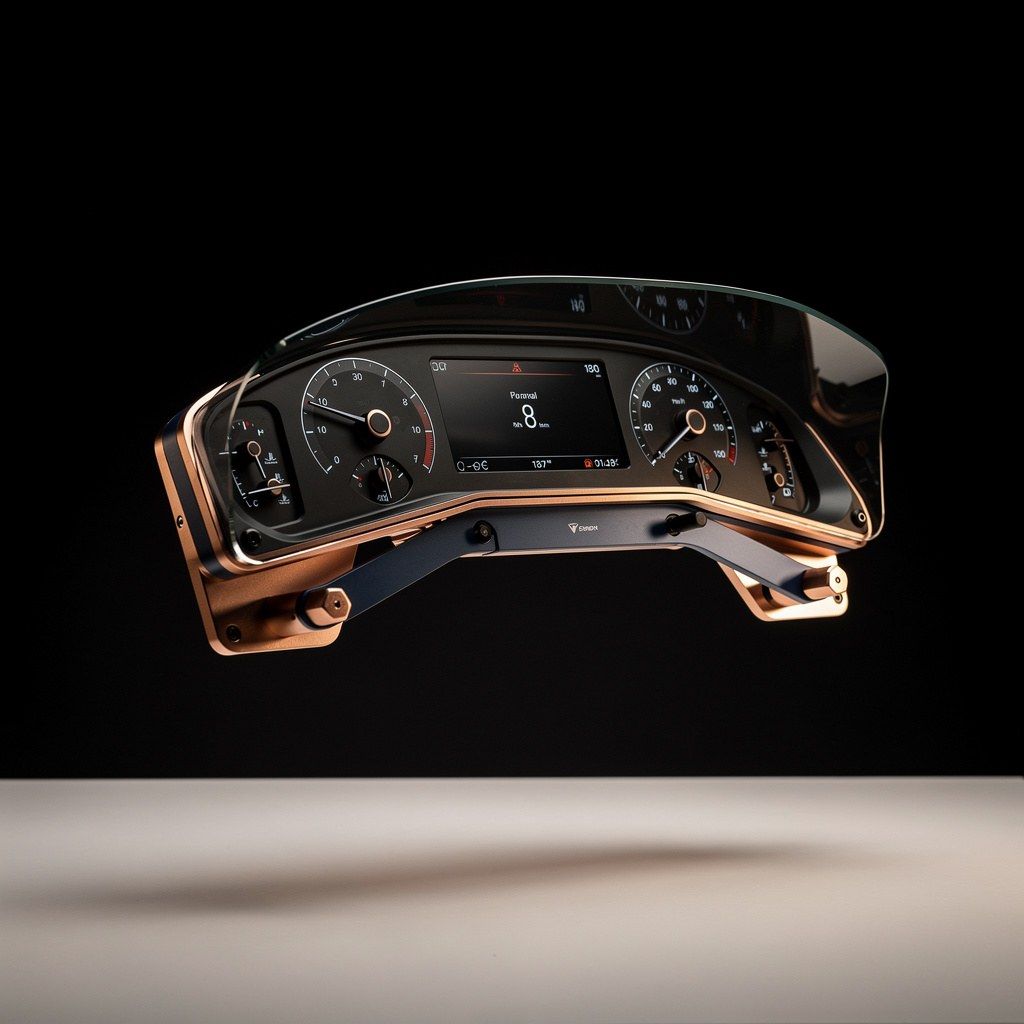 Instrument cluster specimen render, copper and dark glass