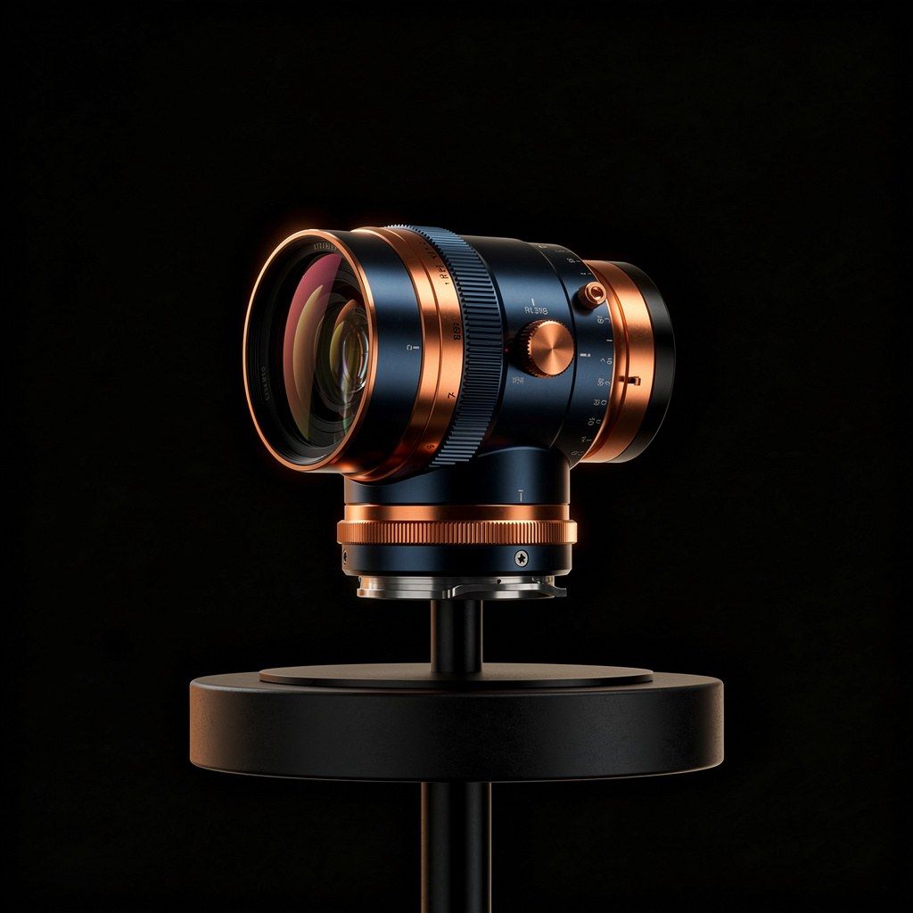 Precision lens specimen render, copper and dark steel
